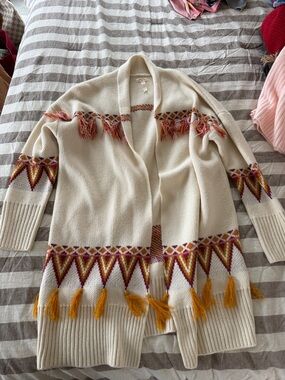 Matilda Jane Cream Open-Front Cardigan with Mustard & Burgundy Tribal Accents